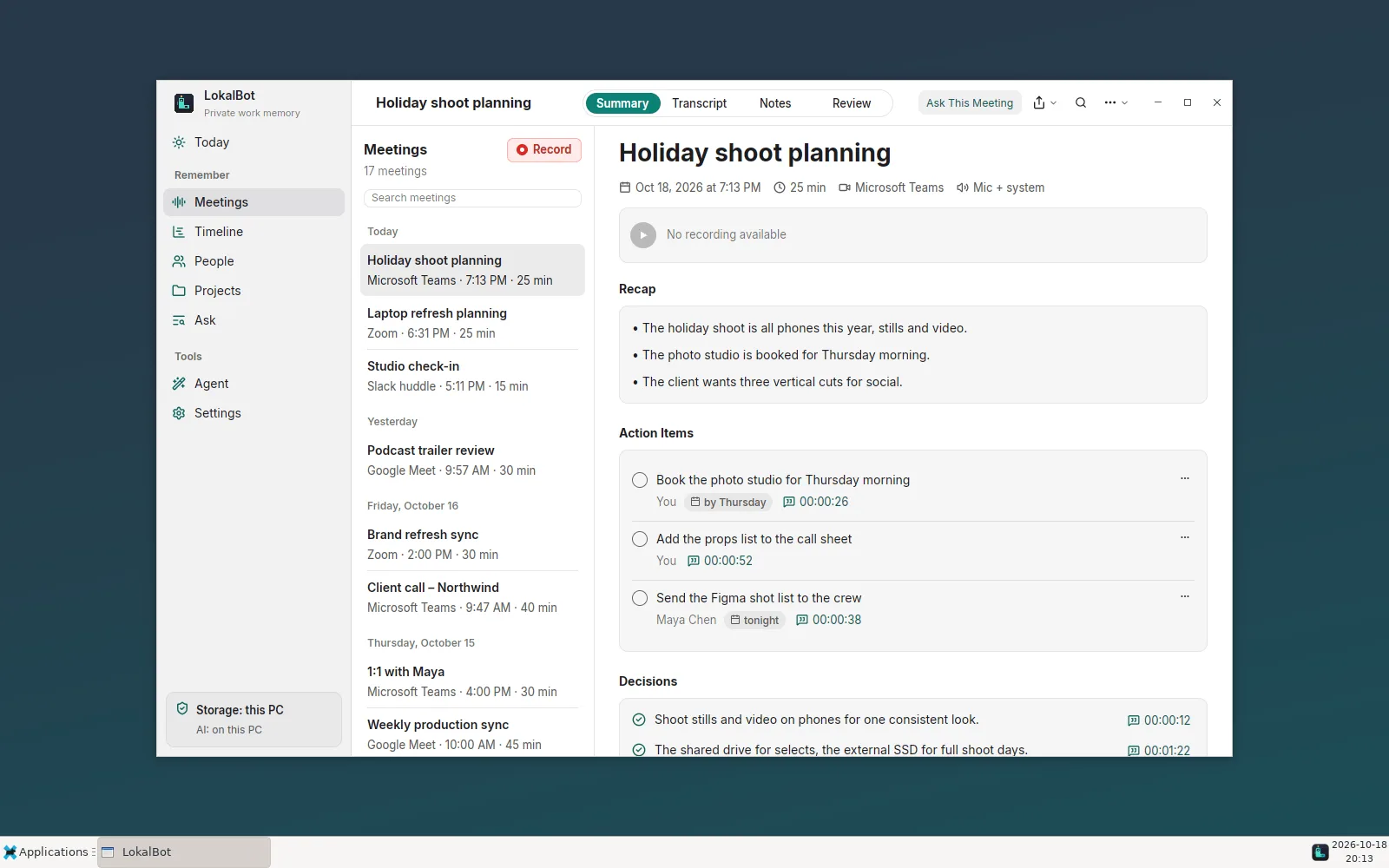 LokalBot on Linux showing a meeting's recap, action items with timestamps, and decisions, next to a list of recent meetings.