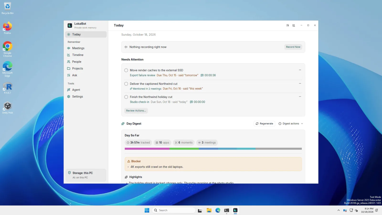 LokalBot on Windows showing Today, with open actions and the day digest.