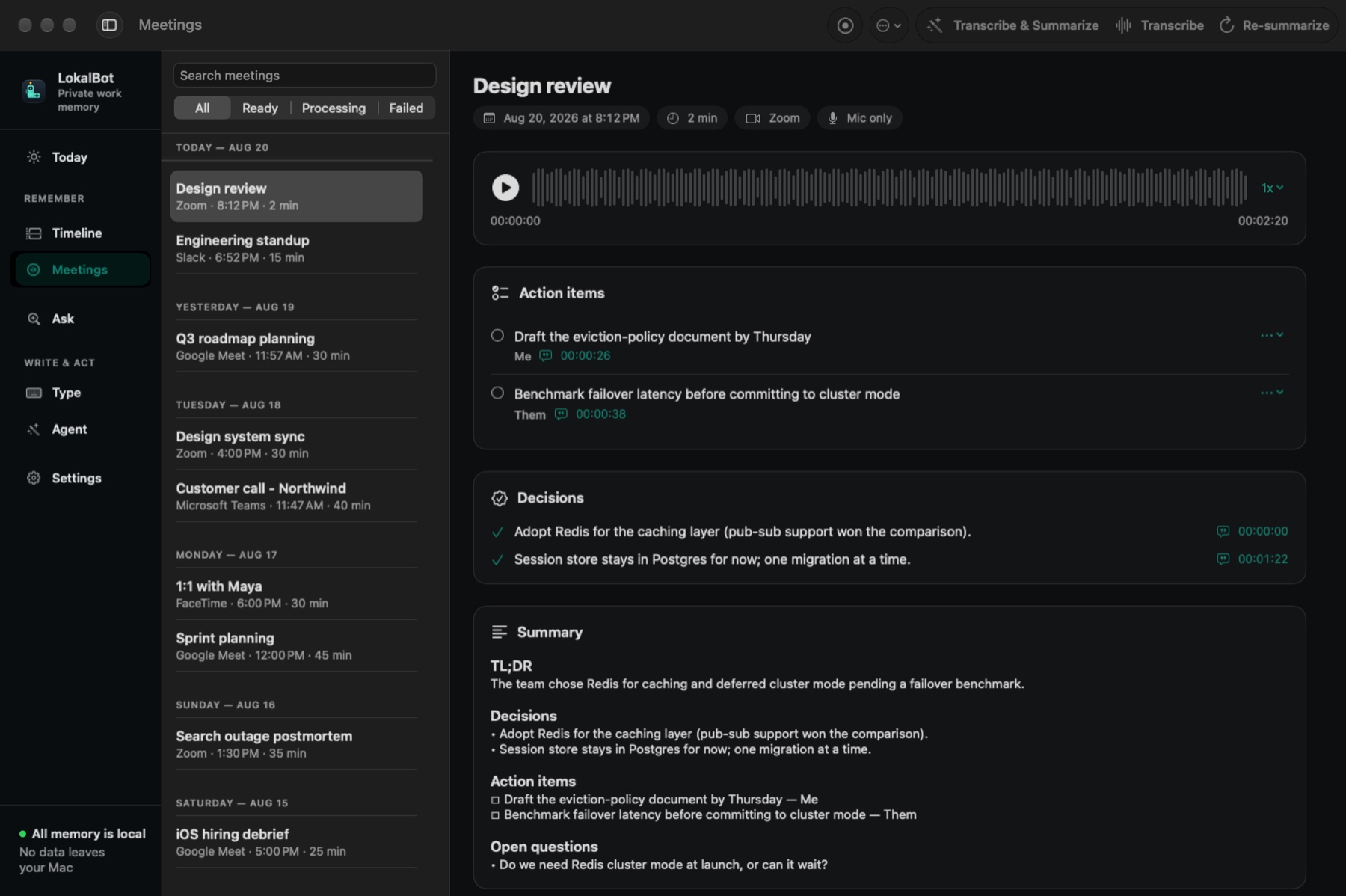 LokalBot meeting workspace showing a Design review with audio playback, cited action items, cited decisions, and a structured summary beside the meeting library.