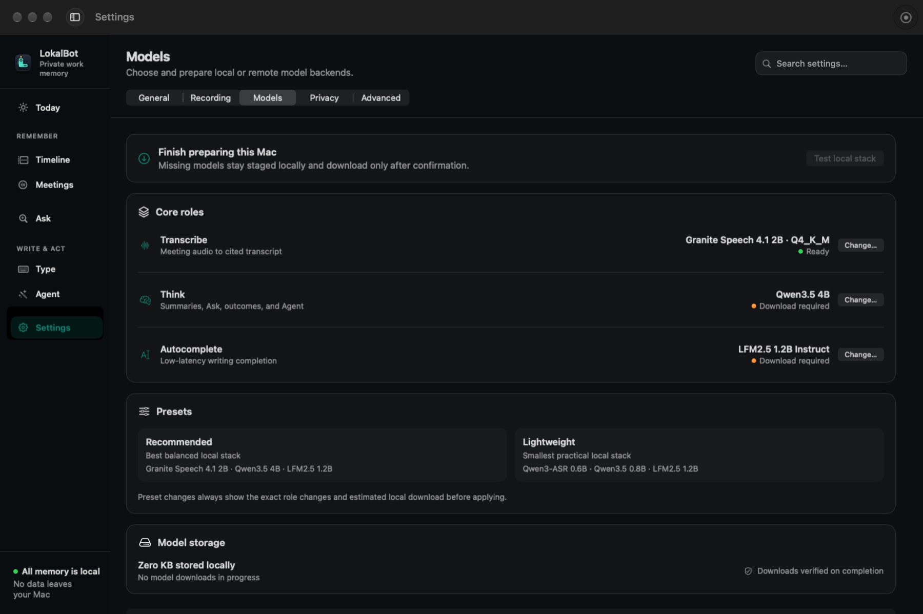 LokalBot Models settings showing separate Transcribe, Think, and Autocomplete roles, Recommended and Lightweight presets, readiness states, and local model storage.