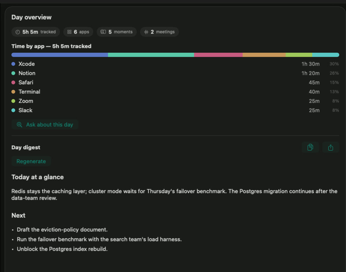 LokalBot's day overview: 5h 5m tracked across 6 apps, 5 moments and 2 meetings; a colour-coded time-by-app bar reading Xcode 1h 30m at 30%, Notion 1h 20m at 26%, Safari 45m, Terminal 40m, Zoom 25m and Slack 25m; an ask-about-this-day button; and a generated day digest summarising the day with three follow-up items.